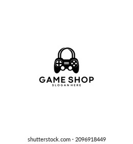 logo for game store with game stick combined with shopping bag