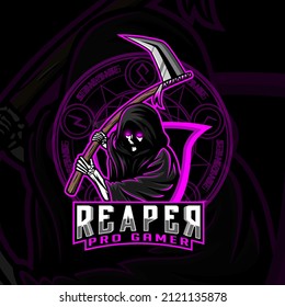 A logo for gamers, with a scary mascot that is the reaper. With the addition of a magic circle behind it