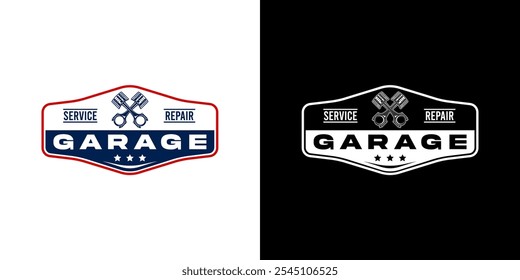 Um logotipo para uma garagem oferecendo serviços e reparos. Tem um estilo clássico e arrojado. No topo, dois pistões cruzados representam o tema automotivo, simbolizando a mecânica e o reparo do motor.