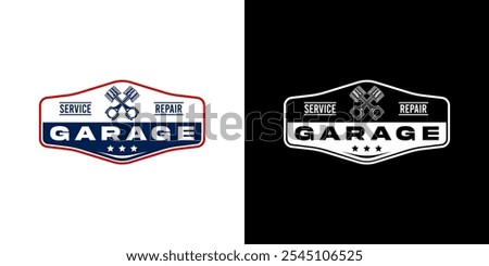 A logo for a garage offering service and repairs. It has a classic, bold style. At the top, two crossed pistons represent the automotive theme, symbolizing mechanics and engine repair.