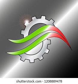 A logo with a gear cut in two parts and ribbon with the colors of the italian flag is passing in the middle - vector