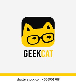 Logo geek concept, cute cat. cartoon stylized kitty with eye glasses, identity, symbol, icon. The vector illustration isolated on white background