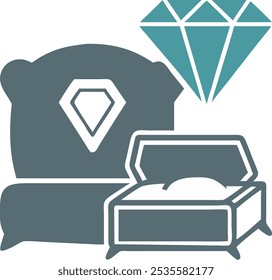 Logo for a gemstone company with treasure chest and cushion gemstone, minimalist lines