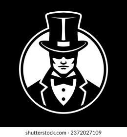 Logo de un caballero con un sombrero de bowler en un fondo oscuro.