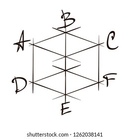 Logo geometric cube, dots indicated by letters. Vector black and white drawing.