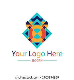 The logo is geometric rectangles and triangles in blue, pastel red, yellow and dark blue.