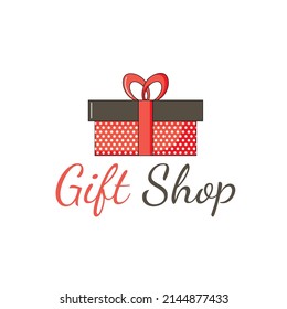 logo gift shop. Red gift box with ribbon and sign isolated on white background. Flat colorful vector illustration.