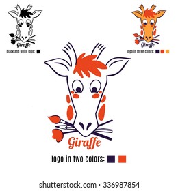 Logo giraffe face with brushes and a flower in the mouth vector. Branding Identity Corporate Logo
