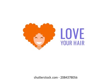 Logo girl with curly hair in the shape of a heart. Lettering - love your hair.