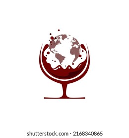 Logo Glass Wine  With World  Vector