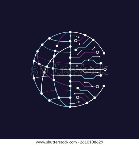 Logo of global made of circuit lines with technology big data flowing. Vector illustration