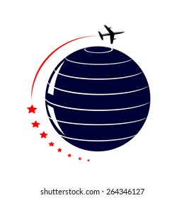 logo. Globe, red stars and plane