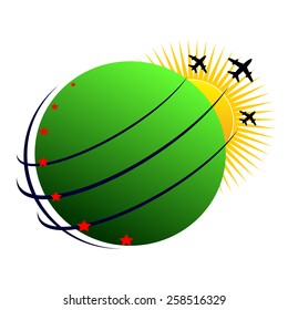 logo. The globe with stars, the sun and planes
