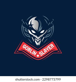 A logo for goblin's slayer with a red ribbon.