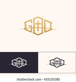 Logo for the god. Golden color on a white background. And two versions of black on white and white on black.