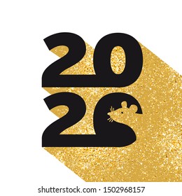 Logo gold 2020 happy new year, Christmas. Vector flat illustration with a silhouette image of a mouse. The rat is the talisman of the eastern calendar.