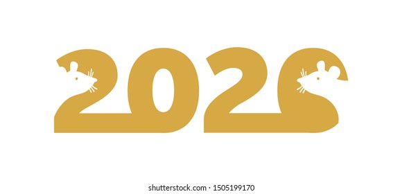 Logo gold 2020 happy new year, christmas. Vector flat illustration with a silhouette image of a mouse. The rat is the talisman of the eastern calendar.