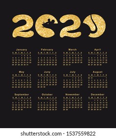 Logo gold 2020 happy new year, Christmas. Vector flat illustration, a silhouette image of a mouse. Calendar grid template with months. The rat is eastern talisman of the year. Week starts from sunday