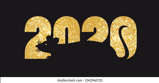 Logo gold 2020 happy new year, Christmas. Vector flat illustration with a silhouette image of a mouse. The rat is the talisman of the eastern calendar.