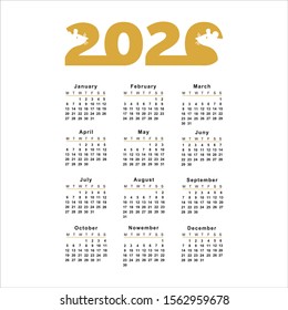 Logo gold 2020 happy new year, Christmas. Vector flat illustration with a silhouette image of a mouse. Calendar grid template with months. Week starts from monday.