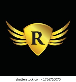 Logo of the gold alphabet letter R inside the winged shield. Vector design template elements for your application or corporate identity.