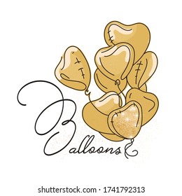 Logo with Gold Balloons, Decorations and cursive font. Balloons and Confetti Logotype for Wedding, Happy Birthday, Party Planner, valentine day, festival. Greeting cards with lettering typography.