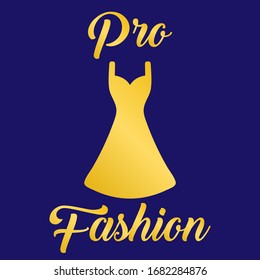 Logo gold dress with text on blue background.