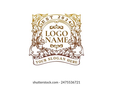 Logo Gold flowers frame vintage ribbon. Logo retro, floral, luxury. Editable file