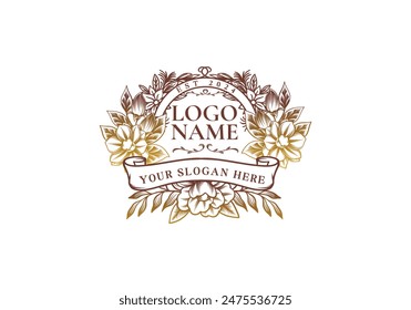 Logo Gold flowers frame vintage ribbon. Logo retro, floral, luxury. Editable file