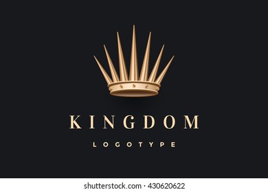 Logo with gold king crown and inscription Kingdom on a dark black background. Logo template for branding design. Business concept and identity symbol. Vector Illustration