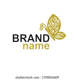 Logo with a gold patterned butterfly sitting sideways in words - brand name. Trendy sign, logotype template for womens store, cosmetics, gifts shop, perfumes, jewelry, beauty salon or hairdresser.