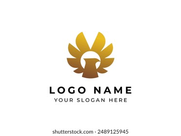 Logo Gold Sun and Eagle, Eagle head and wings in circle shape logo concept. Editable file