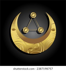 logo Golden crescent moon with golden triangle in the middle, alchemy, mystic, magic, celestial, esoteric, sacred, spiritual, occult inspired concept, graphic logo, tarot card, astrological symbol