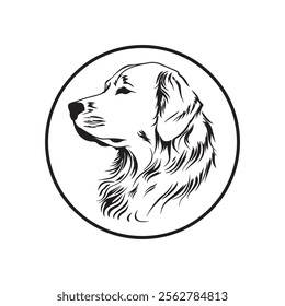 A logo of a golden retriever’s head in a circle. Black and white and has a simple, clear design.