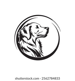 A logo of a golden retriever’s head in a circle. Black and white and has a simple, clear design.