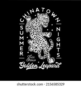 Logo with Golden Leopard for t-shirt and denim.  Vector illustration.