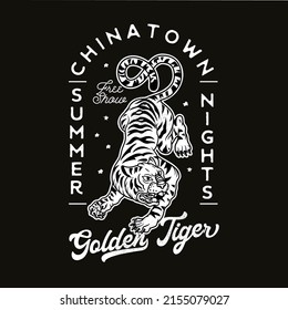 Logo with Golden Tiger for t-shirt and denim.  Vector illustration.