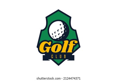 Logo, golf emblem. Colorful golf ball logo on the background of the shield. Sports club, team logo template. Badge, icon, ball, shield. Isolated vector illustration on white background
