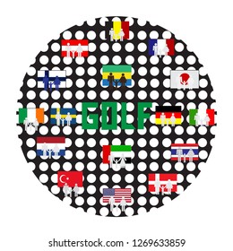 Logo for golfers. An abstract illustration of a game of golf. Template for banners, posters, flyers, advertising, corporate events. Button. Fashion accessories for clothes. Flags of countries.