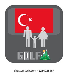 Logo for golfers. Template for packages, badges, banners, posters, flyers, invitations, advertising, festive corporate events. Button with flag of Turkey. Fashion accessories for clothes. 