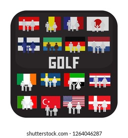 Logo for golfers. Template for packages, badges, banners, posters, flyers, invitations, advertising, festive corporate events. Button with flags. Fashion accessories for clothes.