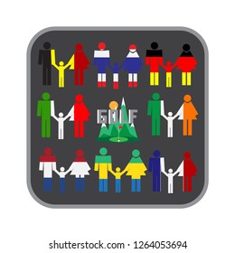 Logo for golfers. Template for packages, badges, banners, posters, flyers, invitations, advertising, festive corporate events. Button with flags. Fashion accessories for clothes.