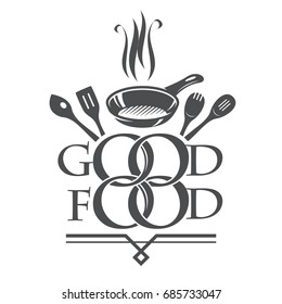 Logo of Good food. Kitchen tools and skillet. Vector illustration EPS 10