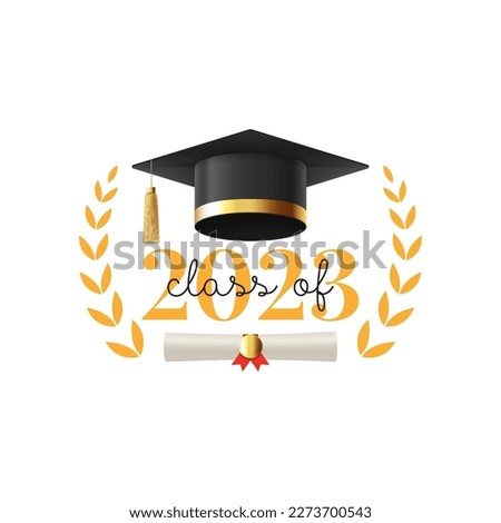 Logo for graduation 2023. Vector illustration with symbol for graduation 2023. Label class of 2023. Grad ceremony symbol with realistic mortar cap and scroll.