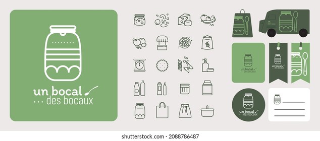 logo and graphic charter for bulk, organic and natural food grocer. Collection of symbol to adorn labels, website buttons. Suggested van and tote bag wrapping