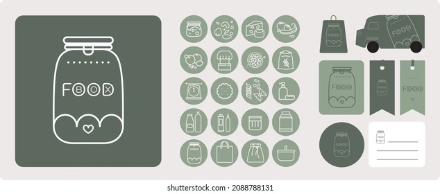 logo and graphic charter for bulk, organic and natural food grocer. Collection of symbol to adorn labels, website buttons. Suggested van and tote bag wrapping. Preserved fruits, vegetables, cereals