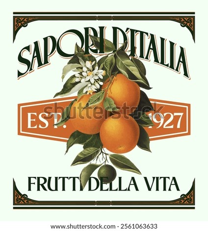 logo graphic slogan, oranges print, urban style with italian texts, art with vintage illustration style, texts of flavors of life and fruit of life. Country club summer SS24 tennis crest 