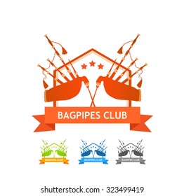 Logo with Great Highland Bagpipes for Pipers Club in red, green, blue and black colors isolated on white.