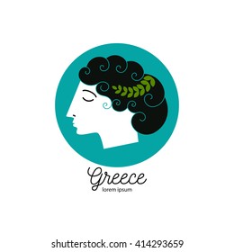 Logo. Greek woman with curly hair and laurel wreath. Vector illustration.