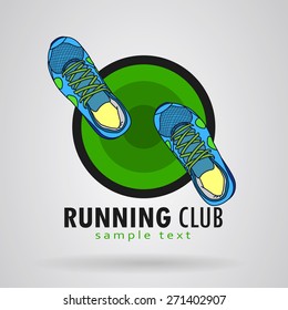 Logo with green and black circle background. Sneakers blue on the front.